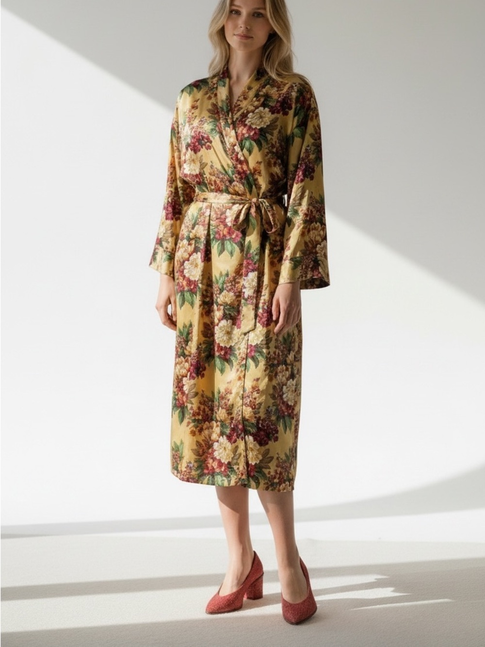 Vintage Victoria’s Secret Gold Silk-Feel Floral Wrap Robe Size M/L
